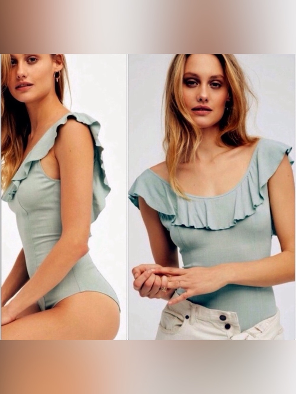 Free People Uh Huh Ruffle Scoop Back Bodysuit Sage Green Sz Small
